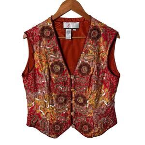 Vintage Class Silk Embroidered Vest Boho Beaded Sequin Floral Tapestry Size 12